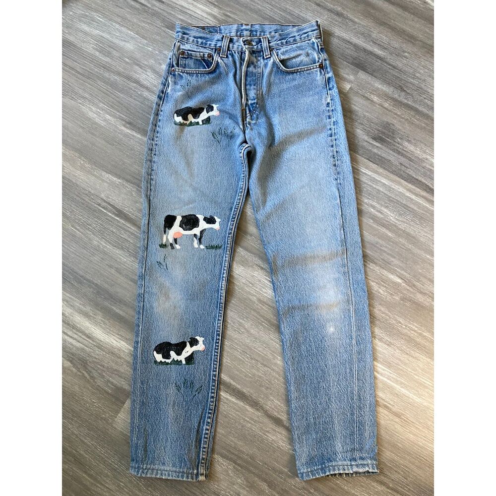 Vintage 1980s Levi's 501 USA Made Painted Cows 25x28 Tate Ochi Streaky Fades
